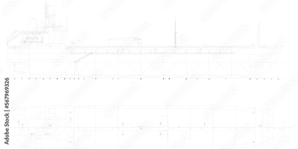 Sketch vector illustration of a crude oil fuel tanker ocean liner with scale sizes
