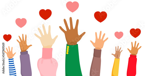 Vector illustration concept of volunteers people with open palm for charity and donation. Give and share your love to humanities. Hands up waving red heart symbol