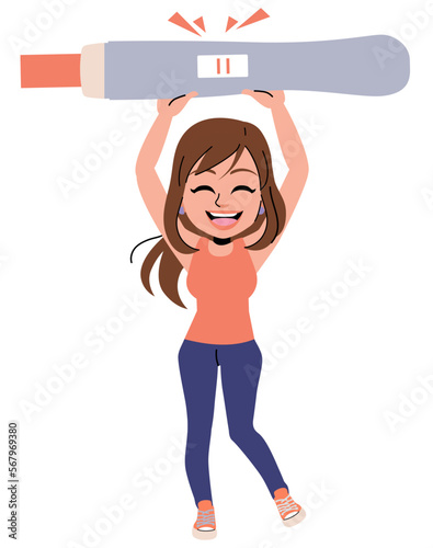 Vector illustration of young happy woman excited holding and celebrating positive pregnancy test. Two stripes. Pregnancy planning concept. Human fertility problems