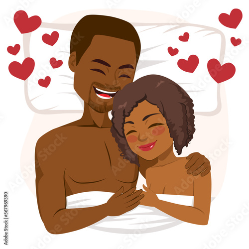 Vector illustration of young couple in love bonding together. Cuddling after sex concept