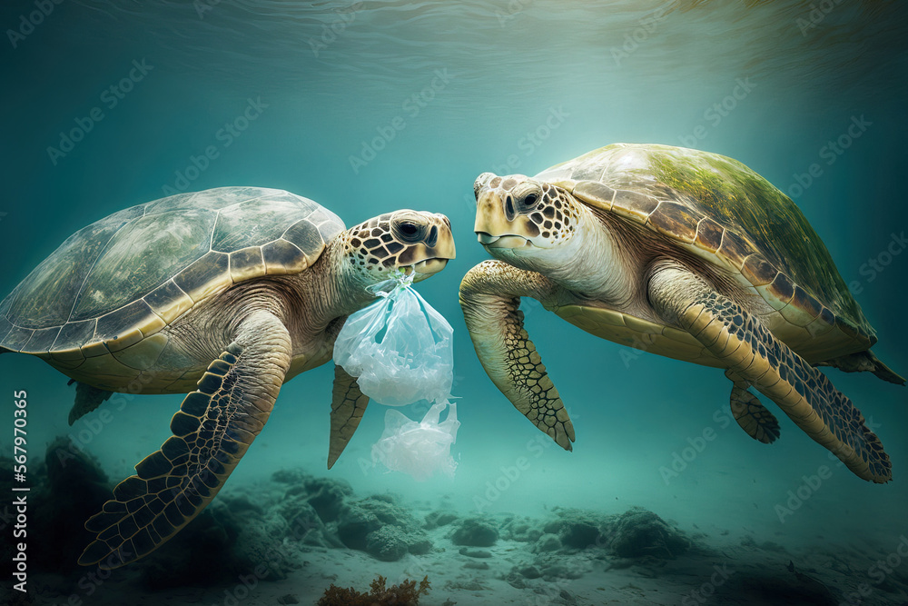 Turtles eating plastic bags due to ocean plastic pollution is an ...