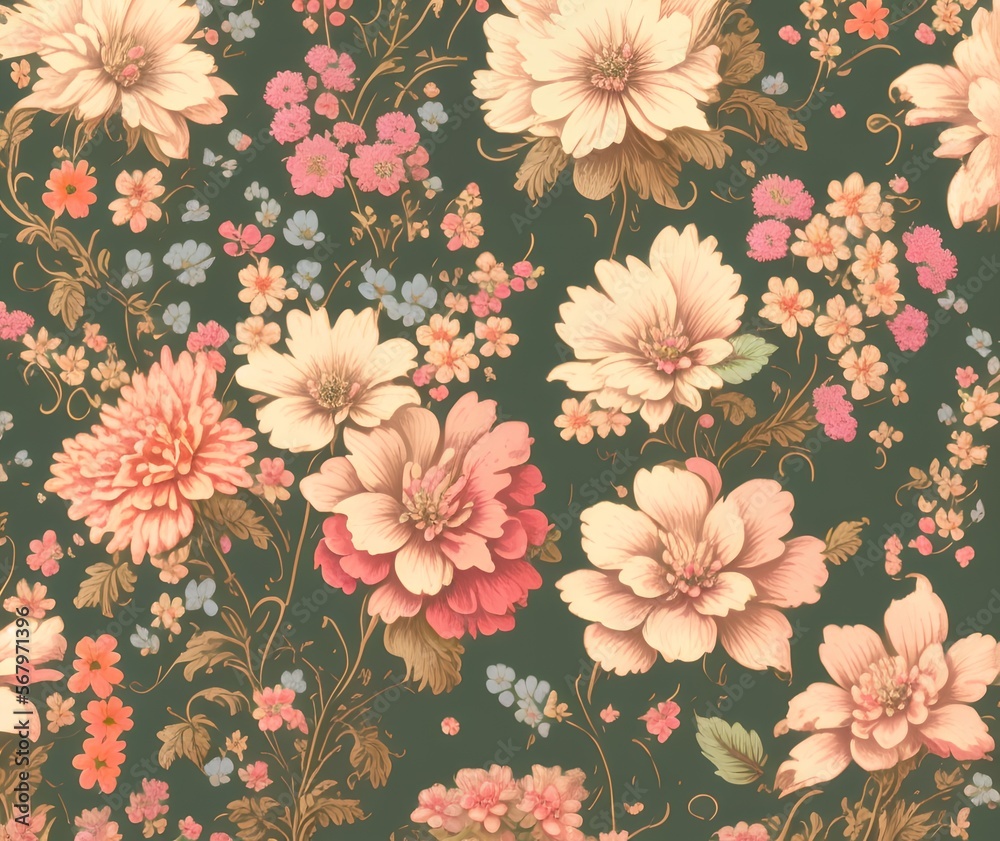 Floral Vintage Wallpaper, Generative AI Illustration