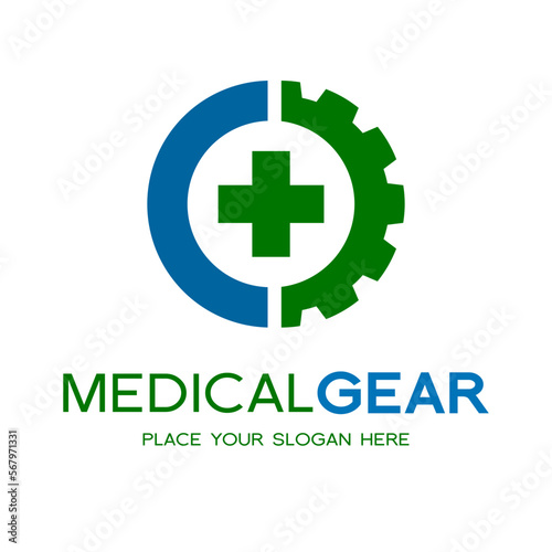 Medical Gear vector logo template. This design use technology and cross health symbol.