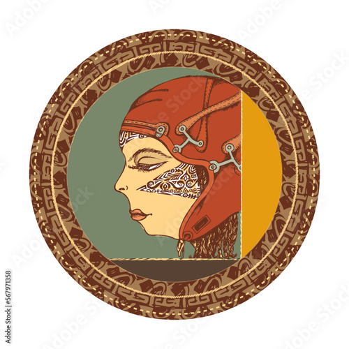 Portrait of an ugly girl in an unusual leather hat in a round ornamented frame. Icon, emblem. Vector illustration