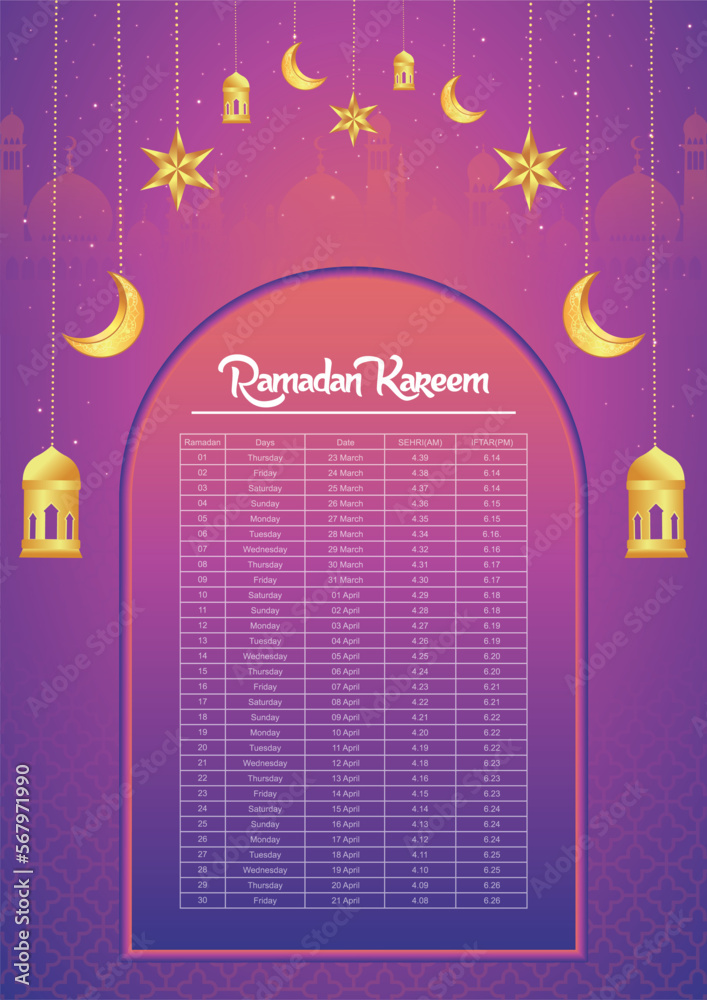 Ramadan kareem islamic calendar template and sehri ifter time schedule