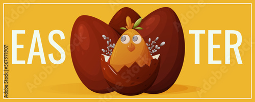 Festive flyer for Happy Easter. Traditional red eggs and cute chick, willow twigs. Vector illustration for poster, banner, website.
