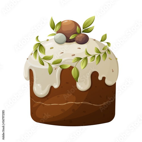 Traditional easter cake decorated with white glaze, colorful candies, leaves. Isolated vector illustration, cartoon style. Sweet flour product for the holiday