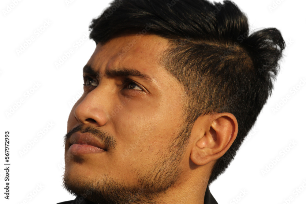Obraz premium Indian young man looking up, side face view portrait on isolated transparent background.
