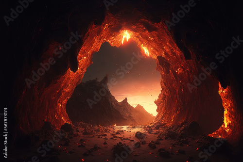 A cave with holes at the top and lava inside. Natural lava flow gallery in hell. Concept art created with digital art. Generative AI