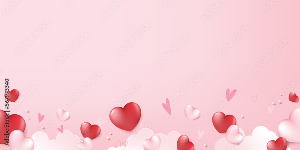 Valentines day card banner with Heart confetti falling over pink cloud background