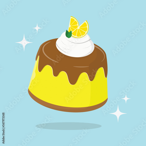 Lemon pudding with chocolate cream. Dessert with lemon topping. Vector illustration dessert lemon pudding.