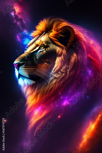 The Lion in Space  An Iridescent Nebula and Galaxies