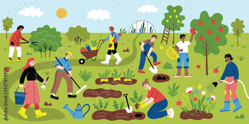People working in garden, hand drawn gardening and farming scene, cartoon characters planting, digging, spring garden composition, doodle icons of garden beds, trees, flowers, vector illustration