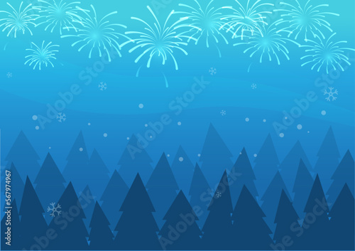 Merry Christmas and Happy New Year background with tree and snow fall and fireworks on sky blue background, winter and wind background, blue fireworks with holiday celebration symbols.