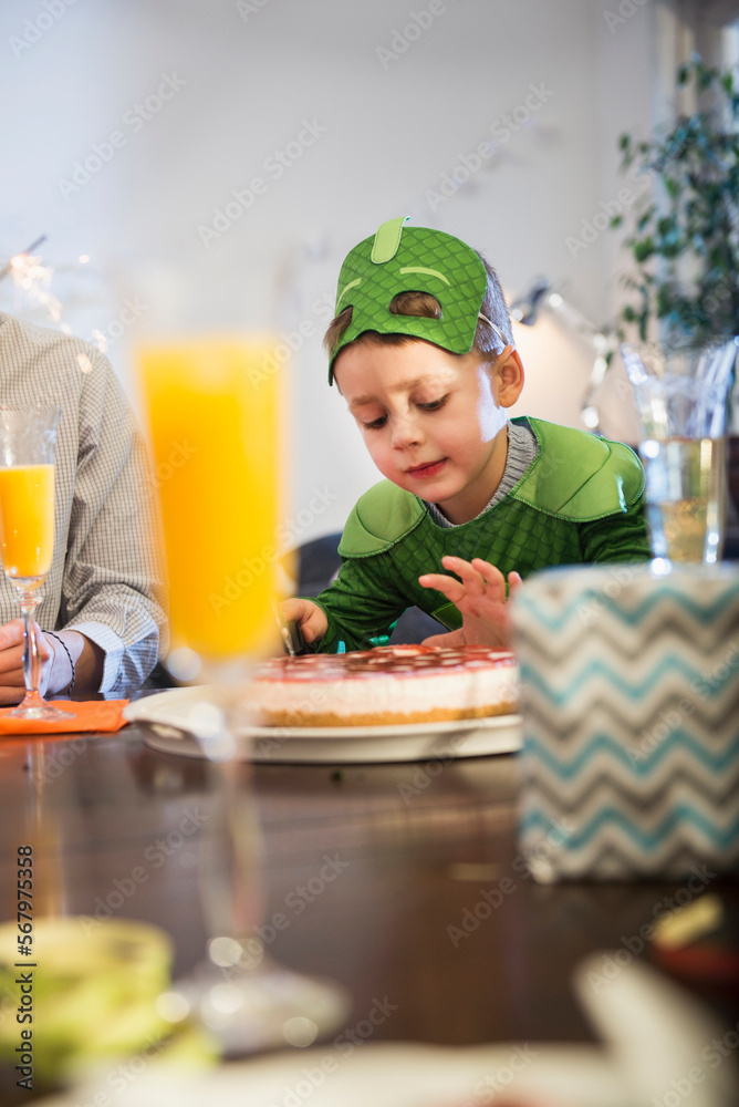 Little boy with cake in costume celebrating birthday Little boy with cake in costume celebrating birthday