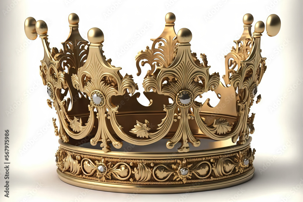 A king's golden crown is isolated on a white background with a clip path, representing the concept of royal gold, regal clothing, and monarchy. Generative AI A king's golden crown is isolated on a white background with a clip path, representing the concept of royal gold, regal clothing, and monarchy. Generative AI