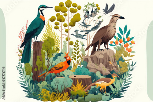 Concept of ecosystem and biodiversity. various woodland environments, carnivores, birds in the wild, and nature. diverse wildlife and flora. Flat illustration image isolated on a white backdrop photo