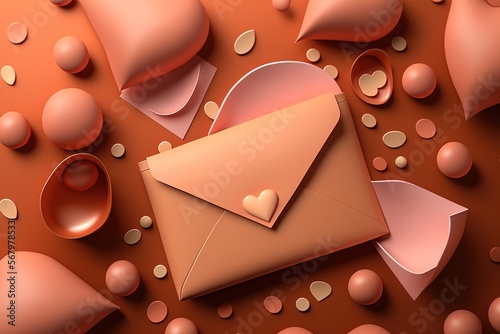 Love envelope with a heart on coral Valentines or anniversary background, many hearts around, flat lay made with Generative AI