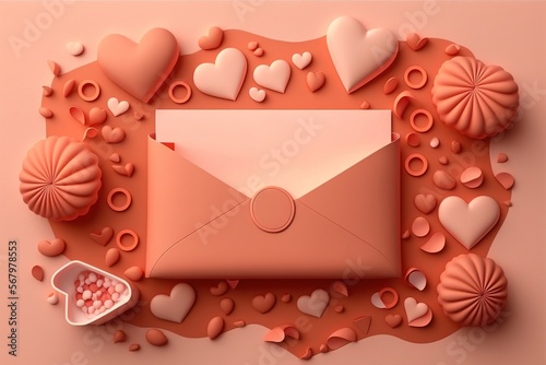 Open envelope part of the base inside many decorative hearts around Valentine's Day, coral colors