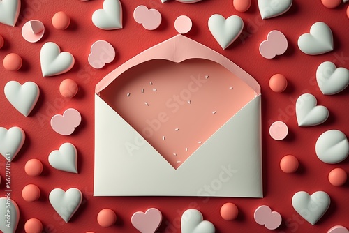 White open envelope inside pink on red background many blue red and pink hearts lie around,  flat lay made with Generative AI