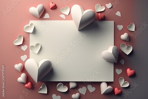 White blank sheet on which lie white hearts on a pink background concert for Valentine's Day mockup