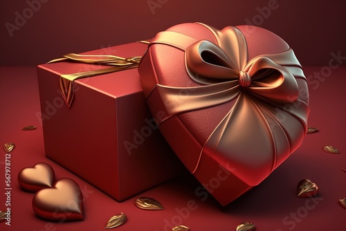 Box with gold bow in shape of red heart lies on gift box on a red background concept for Valentine's Day