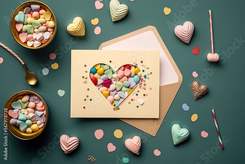 Sweet concept for Valentine's Day. Envelope in center of which is heart shape that is filled with sweets another open envelope lies at bottom around a lot of marshmallow sweets pastel colors, flat lay