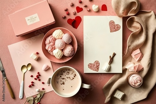Valentine day greeting concept. White blank sheet with hearts on soft pink background flatlay style made with Generative AI