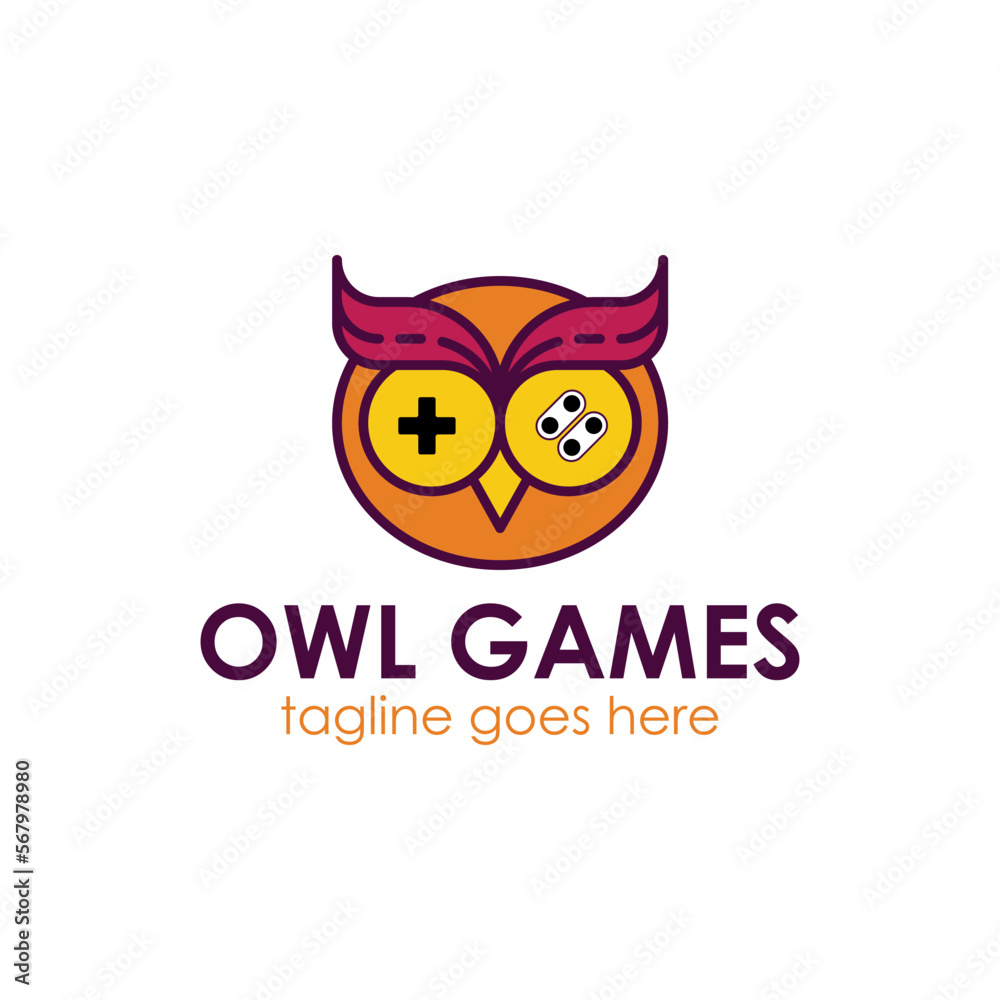 Owl Games Logo Design Template with owl icon and joystick. Perfect for business, company, mobile, app, etc.