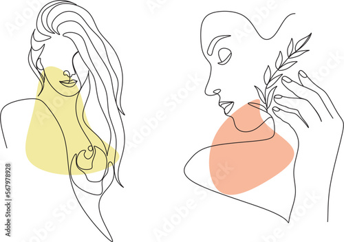 Abstract face with flowers by one line vector drawing. Portrait minimalistic style. Botanical print. Nature symbol of cosmetics. Modern continuous line art. Fashion print. Beaty salon logo.