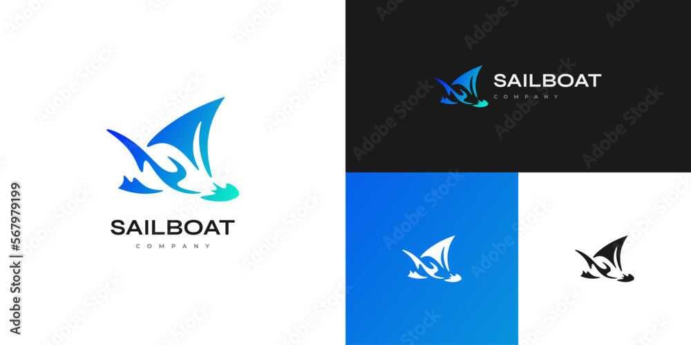 Obraz premium Abstract and Simple Sailboat Logo Design in Blue and Green Gradient Style. Ship Logo or Icon