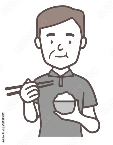お茶碗を持ってご飯を食べる中年男性、おじさん、シンプル