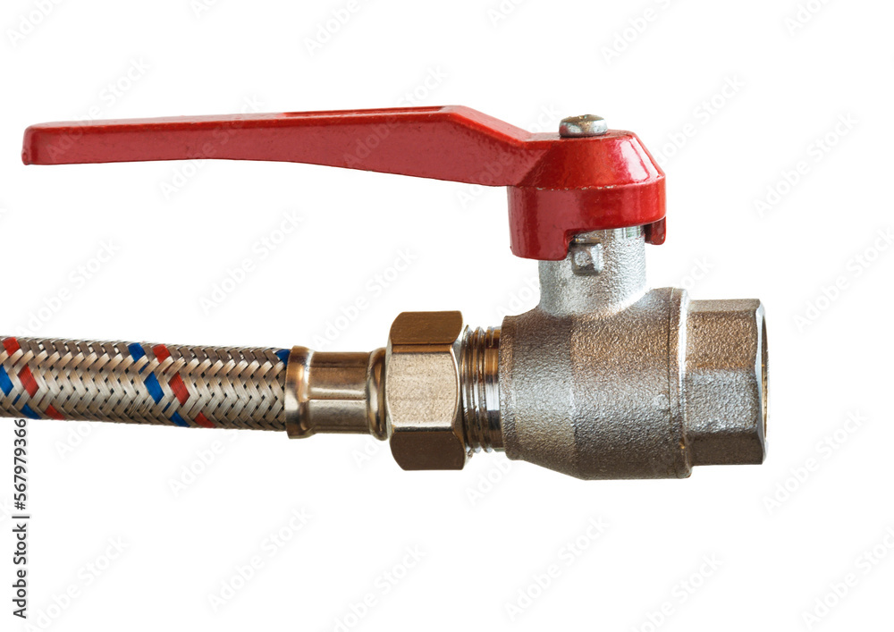 Ball valve with extended handle and flexible water hose, close-up Ball valve with extended handle and flexible water hose, close-up