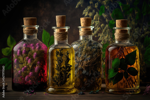 On a wooden table are bottles of tinctures or infusions made from beneficial medical herbs and plants. medicinal plants. Generative AI