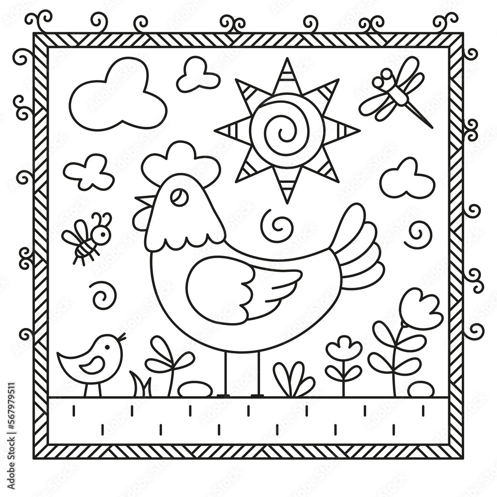 Fototapeta premium Chicken and chick in the meadow with flowers.