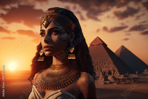 Cleopatra in a sunset with the pyramids of Giza in the background in Egypt. Ai generated art