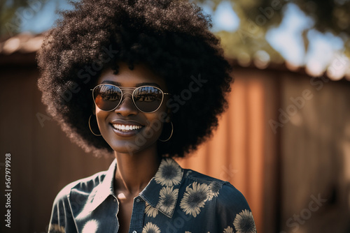 Full body portrait, Stock photography portrait of an afro haired girl wearing sunglasses smiling. Ai generated art