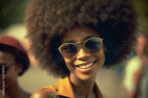 Stock photography portrait of an afro haired girl wearing sunglasses smiling. Ai generated art