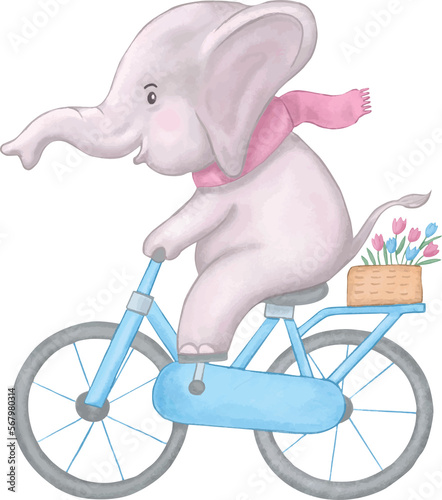 Photography Cute cartoon watercolor elephant riding bicycle