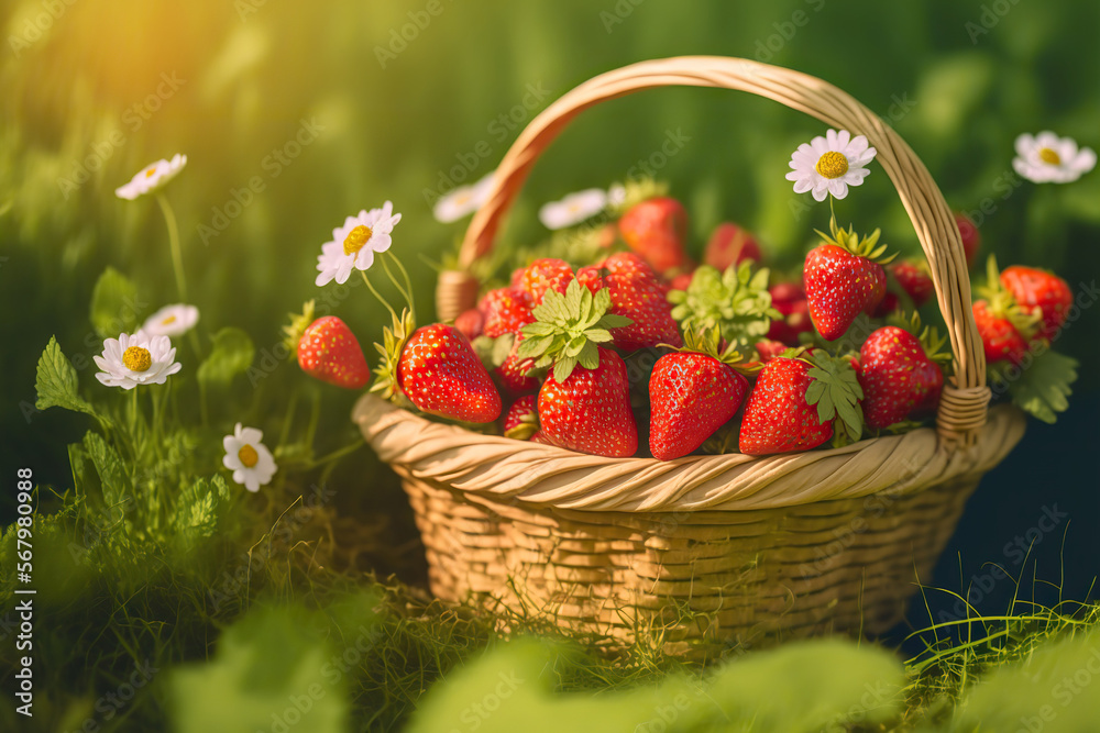 Wicker basket full of ripe juicy strawberry on a flower garden background. Green grass outdoor nature background with fruits. Healthy organic food. Selective focus. AI generative. Wicker basket full of ripe juicy strawberry on a flower garden background. Green grass outdoor nature background with fruits. Healthy organic food. Selective focus. AI generative.