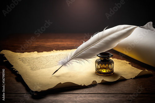 Close up white quill pen with parchment and inkwell on the wooden desk, vintage handwriting concept. Retro writing accessories. AI generative image. photo