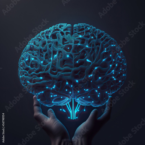 Illustration of hands holding glowing blue digital human brain with plexus nodes. Artificial intellegence concept. AI generative image. photo