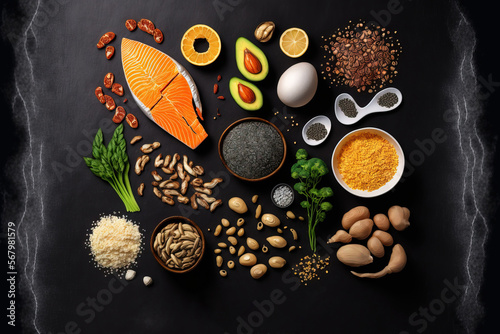 Omega 3 food sources with a top view and a dark background. Vegetables, seafood, nuts, and seeds are examples of foods high in fatty acids. Fit food is healthy. Generative AI