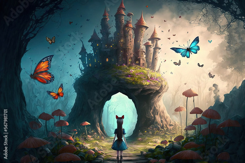 amazing landscape with butterflies, a stunning old castle, and mushrooms. Alice in Wonderland fairy tale illustration. Generative AI photo