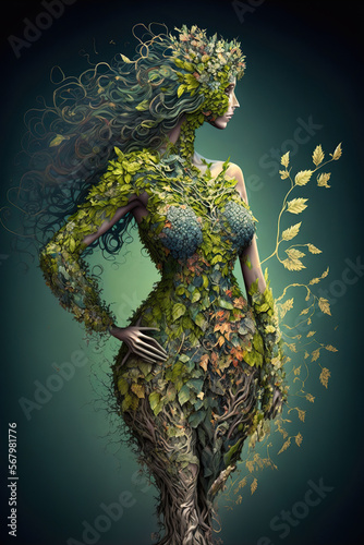 Portrait of beautiful mother nature maiden illustration. Mythology elegant dryad woman. Magical forest nymph. Ecology green power concept. AI generative image.