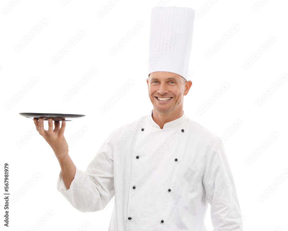 Chef holding tray, confident portrait and smile presenting promo or restaurant product placement isolated on white background Happy executive cook man in uniform, mock up and menu launch in studio. Chef holding tray, confident portrait and smile presenting promo or restaurant product placement isolated on white background Happy executive cook man in uniform, mock up and menu launch in studio.