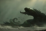 Monster in sea, dragon in waters, dark ocean background, composition, detailed concept art, photorealistic concept art, cinematic perfect light,   masterpiece