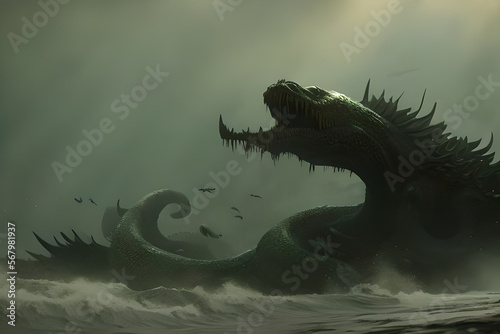 Monster in sea, dragon in waters, dark ocean background, composition, detailed concept art, photorealistic concept art, cinematic perfect light, masterpiece