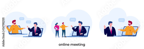 Online meeting concept. People on computer screen taking with colleague. Videoconferencing and online meeting workspace vector page