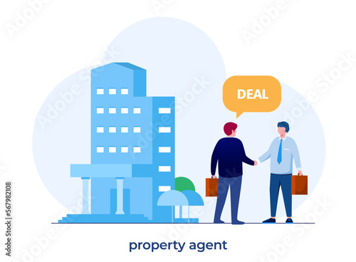 Property agent concept. Qualified and reliable real estate agent guarantee a property buying. Realtor helps in house searching and mortgage contract. Vector flat illustration